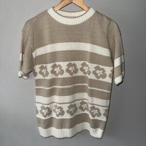 Fire Islander Tan and White Vintage Crew Neck Short Sleeve Retro T-Shirt Sweater